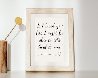 Jane Austen Emma liefde citaat | Als ik minder van je hield, zou ik er misschien meer over kunnen praten | Boek minnaar cadeau | Downloadbare afdrukbare poster