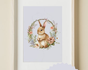 Grillige konijnenprint met lentebloemen | Afdrukbare Woodlands lente muurkunst | Paashaaskunst | Vrouwelijke lentekunst | Lentebloemen
