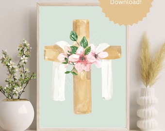 Cross lente bloemen kunst aan de muur afdrukbaar | Religieuze kunst | Grillige lentekunst | DIY lentekunst | Lentebloemkunst | Aquarel lentekunst