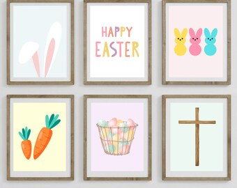 Set van 6 afdrukbare paaskunst aan de muur | DIY Pasen | Konijnenafdrukken | Paasdecoratie | Muurkunst lente | Feesttafels voor aan de galeriewand