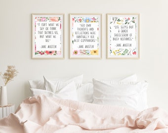 Set van 3 bloemenposters met citaten van Jane Austen | Afdrukbare Jane Austen kunst aan de muur | Literair geschenk | Gevoel en gevoeligheid | Mansfield Park