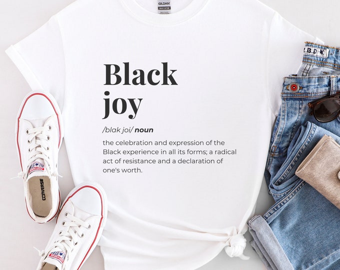Featured listing image: Black Joy Quote Unisex Softstyle T-Shirt, Comfortable, Aesthetic, Tees for Black Men and Black Women, T-Shirt Black for Author, Melanin