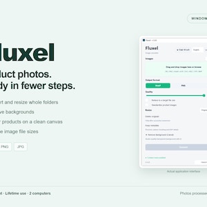 Può includere: Un'interfaccia software per Fluxel visualizzata su uno sfondo chiaro. Il testo recita Nimlio, Fluxel, Product photos. Ready in fewer steps. Le funzionalità includono la conversione, il ridimensionamento, la rimozione di sfondi.