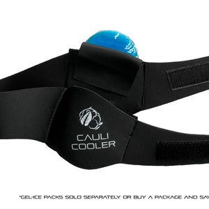 May include: Black neoprene headband with a velcro closure and a pocket for a gel ice pack. The headband has the text "CAULI COOLER" printed on it.
