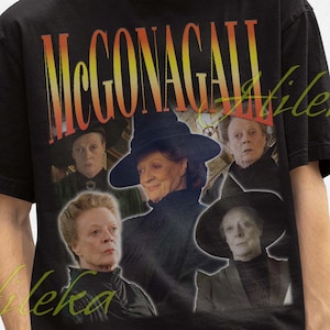 May include: Black t-shirt featuring a vintage-style graphic of a woman with the name "McGonagall" in a retro font. The design includes multiple images of the woman. The person in the image is wearing a black bucket hat.