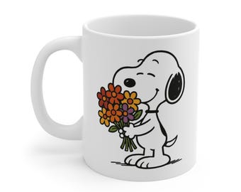 花柄の犬が描かれたセラミックマグカップ – 11オンス ホワイトコーヒーカップ（女性へのギフト）