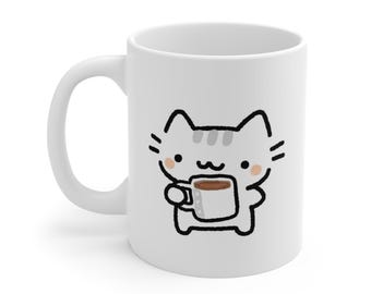 かわいい猫のコーヒーマグカップ – ミニマルな子猫の落書き、11オンスセラミックカップ