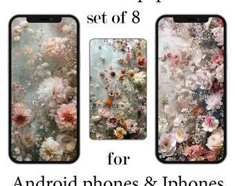 Flowers iPhone Wallpapers Digital Floral Phone Wall Papers pack for Android aesthetic mobile smartphone bundle Background set of 8