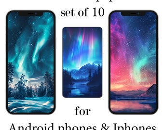 Landscape iPhone Wallpaper Digital northern lights Wall Paper Android mobile aesthetic smartphone Nature Background set of 10 night sky