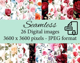 Watercolor Roses Digital Papers Pack Floral Bundle Background Seamless Patterns Flowers Printable St Valentine Journal scrapbook for gifts