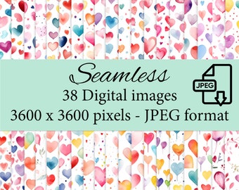 Watercolor Hearts Digital Papers Pack St Valentine Bundle Background Seamless Patterns Decoupage Printable Journal scrapbook for gifts