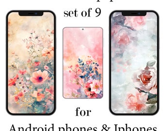 Floral iPhone Wallpapers Digital Flowers Phone Wall Papers for Android aesthetic mobile smartphone Background vintage watercolor set of 9