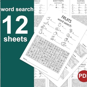Puede incluir: Una pila de 12 hojas de juegos de búsqueda de palabras con varios temas, incluyendo frutas, partes del cuerpo y ropa. Los juegos están impresos en blanco y negro. Las palabras "word search" y "12 sheets" se muestran en texto blanco.