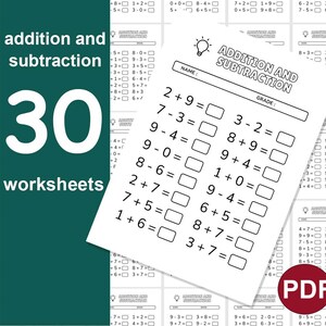 30 Mathe-Arbeitsblätter für Kinder – Addieren und Subtrahieren üben – Einstellige Zahlen – druckbare Familienaktivität – Mathe üben