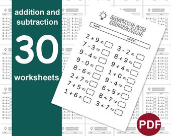 30 Math Worksheets for Kids – Addition and Subtraction Practice – Single Digit Numbers – Printable Homeschool Activity – Maths Practice