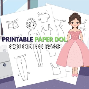 Printable Paper Doll Coloring Page – Black and White Dress-Up Doll to Color, Cut & Play – A4 PDF  – Instant Download