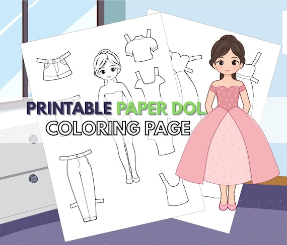 paper doll dress up black and white Color Me, printable black and white paper dolls, hand drawn, clothing,  accessories, kids fashion. Party favors