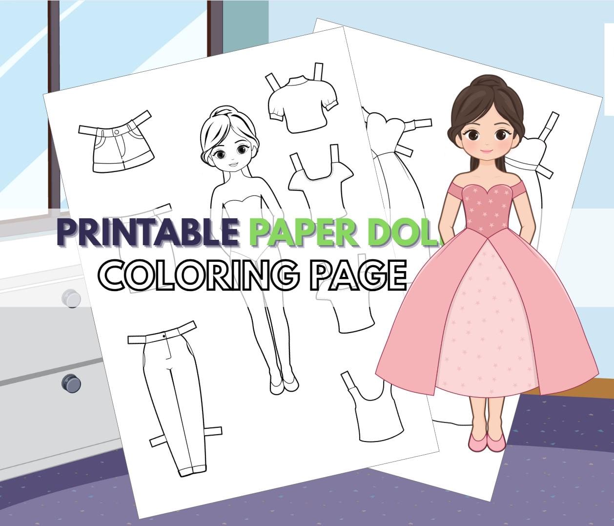 Printable Paper Doll Coloring Page - Black and White Dress-Up Doll to Color, Cut & Play - A4 PDF