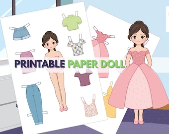 Printable PaperDoll with Outfits – Cute Pastel Dress-Up Game for Kids – 8 inch Doll – PDF & JPG, A4 Size, Instant Download