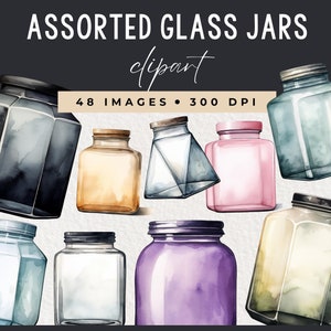 Färgglad glasburk Clipart, blandade akvarellförvaringsburkar, digitala hantverksbilder för kommersiellt bruk