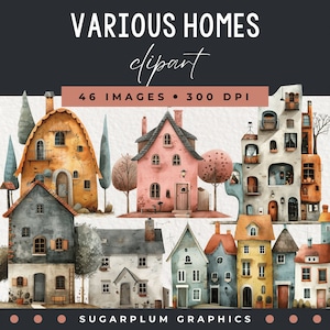 Akvarell Clipart-paket med udda hus, hus- och gatuklipp för projekt, skräpjournaler eller scrapbooking