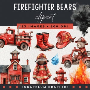 Firetruck Watercolor Clipart, Cute Firefighter Clipart, Fire Truck Nursery Illustrations, Fire Truck and Fire Station Clipart Commercial Use