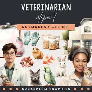 Veterinarian Clipart Set, Watercolor Vet Tech & Animal Doctor PNGs, Dog and Cat Clipart for Commercial Use