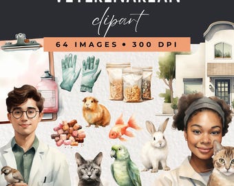 Veterinarian Clipart Set, Watercolor Vet Tech & Animal Doctor PNGs, Dog and Cat Clipart for Commercial Use