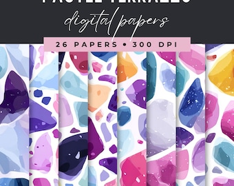 Pastel Terrazzo Digital Paper Pack, Terrazzo Style Pattern Abstract Stones, Printable Backgrounds, Scrapbook Papers for Commercial Use
