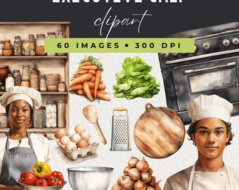 Executive Chef Watercolor Clipart: Kitchen, Food, Baking & Pastry Chef Illustrations for Digital Download, Commercial Use