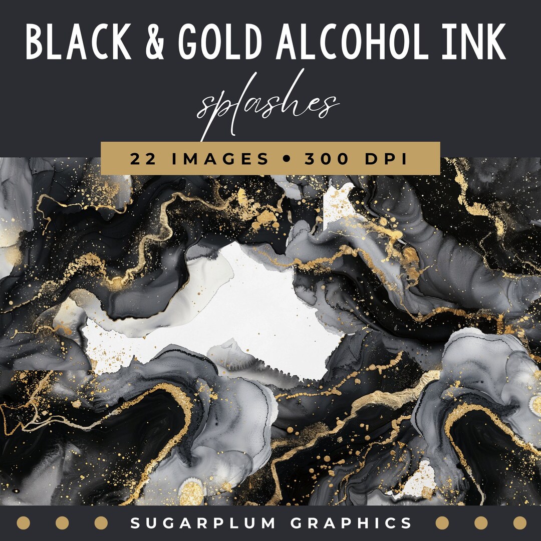 Black and Gold Alcohol Ink Splash Clipart, 22 Watercolor Elements ...