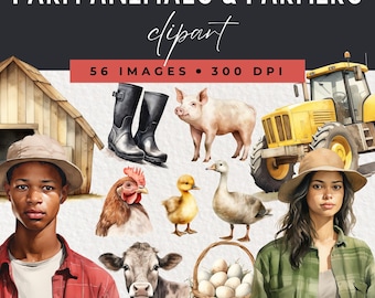 Cute Farm Animals Clipart, Watercolor Farm and Barn Digital Clipart, Commercial Use