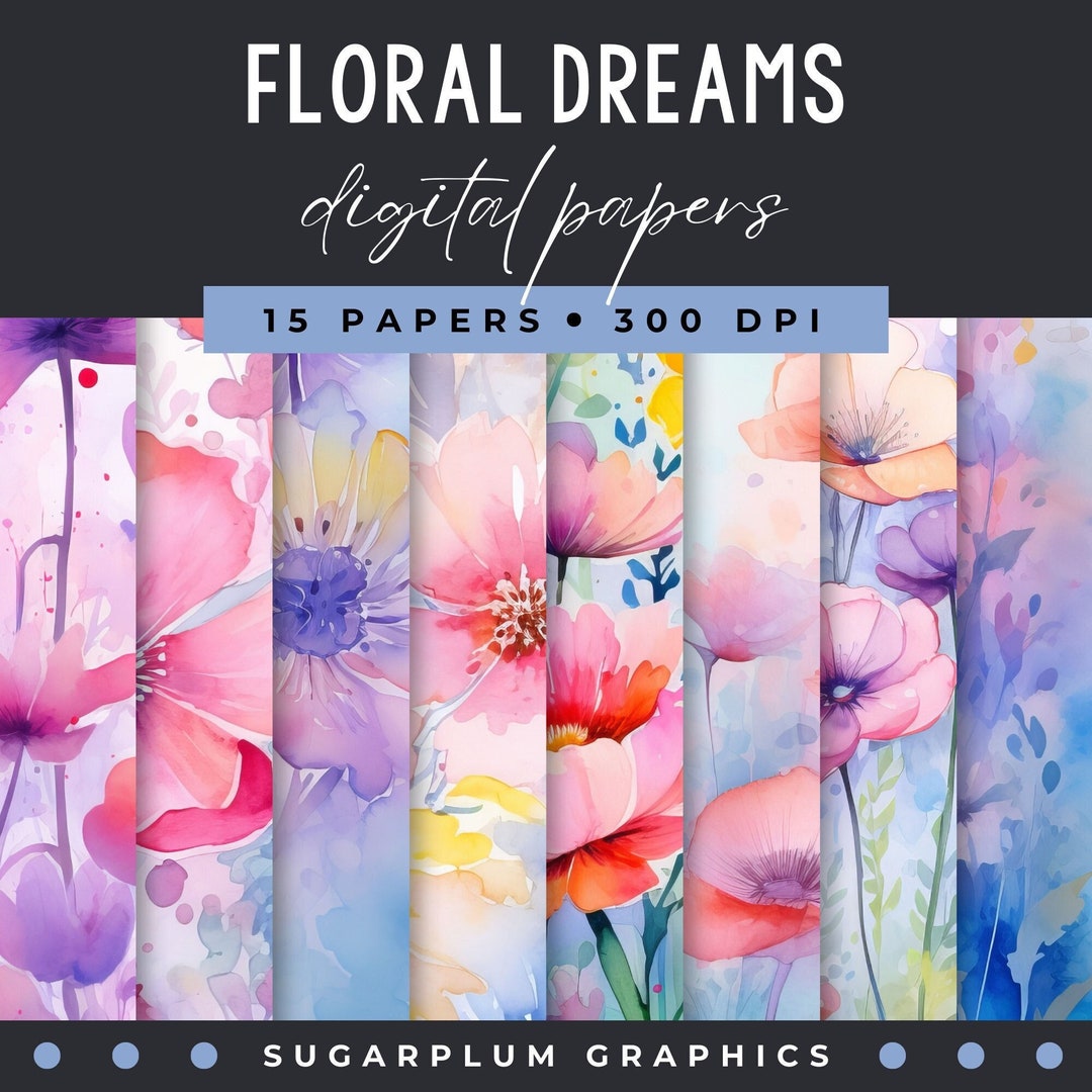 Watercolor Floral Dreams Digital Paper Pack, Watercolor Background ...