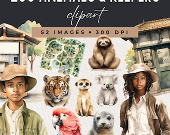 Clipart dierentuindieren en dierentuinhouder, aquarel safari en jungle thema-illustraties, commercieel gebruik, Instant Download