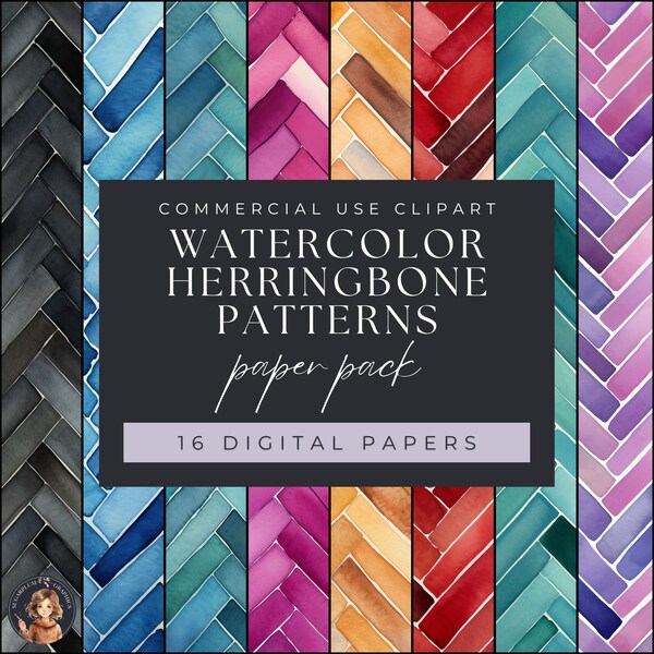 Watercolor Herringbone Pattern Digital Paper Pack, Watercolor Background Papers