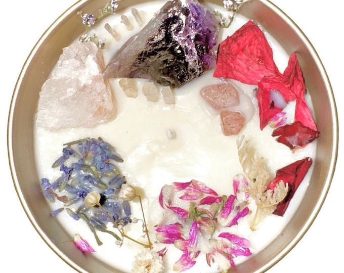 8oz HAPPY Moon Candle - essential oils, crystals, herbs and flowers carefully picked to elevate your mood, lift your spirits and bring joy!