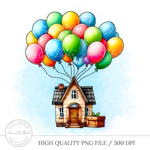 Up Balloon House Clipart PNG - Sfondo trasparente - Download istantaneo digitale - Uso commerciale - Clipart stile acquerello - Disegnato a mano