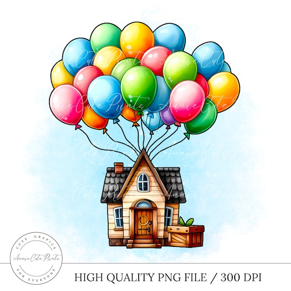 Up Balloon House Clipart PNG - Transparent Background - Digital Instant Download - Commercial Use - Watercolor Style Clipart - Hand Drawn