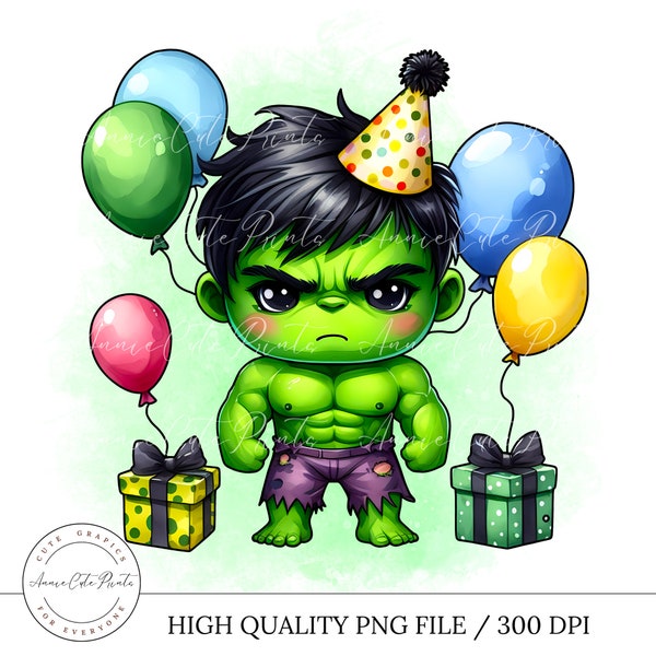 Cute Hulk Superhero Birthday Clipart - Digital Cartoon Character - Birthday Gift - Printable Stickers, Cake, Balloons - Ready to Print