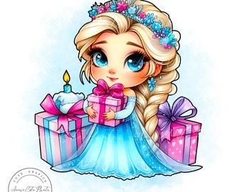 Cute Birthday Elsa Princess PNG Clipart - Transparent Background - Digital Instant Download - Watercolor Style Clipart, Birthday Gift