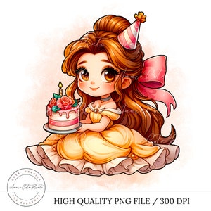 Compleanno carino Belle Princess PNG Clipart - Sfondo trasparente - Download istantaneo digitale - Clipart stile acquerello, regalo di compleanno