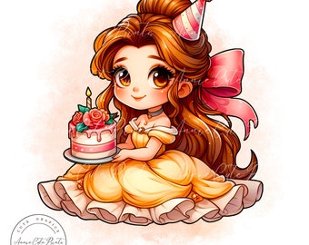 Cute Birthday Belle Princess PNG Clipart - Transparent Background - Digital Instant Download - Watercolor Style Clipart, Birthday Gift