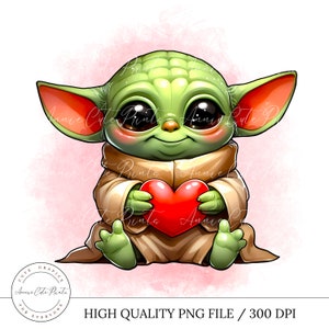 以下が含まれることがあります： 大きな耳を持つ緑色の漫画のキャラクターが赤いハートを持っています。キャラクターは茶色のローブを着ており、頬に薄いピンクの赤面をしています。