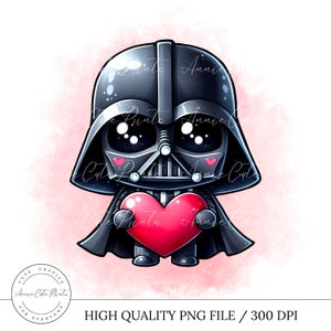 以下が含まれることがあります： ダース・ベイダーが赤いハートを持っているカートゥーンイラスト。背景はピンクの水彩画のぼかしです。
