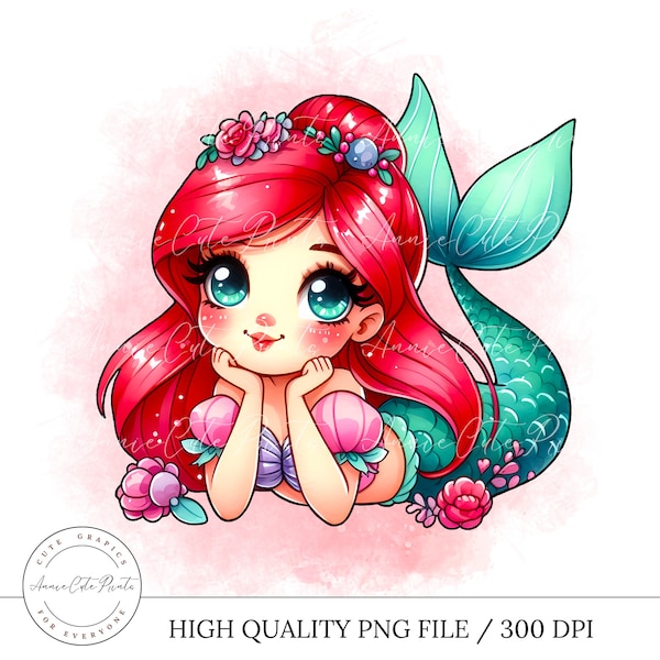 Cute Little Princess Mermaid PNG Clipart - Transparent Background - Digital Instant Download - Commercial Use - Watercolor Style Clipart