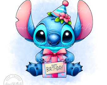 Cute Birthday Stitch PNG Clipart, Transparent Background, Digital Instant Download, Commercial Use - Watercolor Style Clipart, Birthday Gift