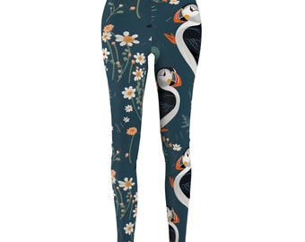 Puffins and flowers Women's Cut & Sew Casual Leggings (AOP)