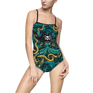 May include: One-piece swimsuit featuring a teal octopus design with yellow tentacles and a pirate hat. The swimsuit has black straps and trim, with a repeating pattern of swirling teal and black shapes.