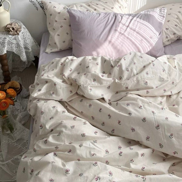 White Floral 100% Cotton Duvet Cover Set, Full Queen King Duvet Cover Set, Cottagecore Decor, Cute Girlish Dorm Bedding, Aesthetic Bedding