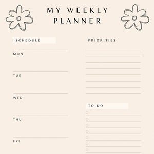 Puede incluir: Un planificador semanal con un diseño sencillo. El planificador tiene secciones para la agenda, las prioridades y las listas de tareas. Los días de la semana se enumeran en el lado izquierdo del planificador, y la lista de tareas está en el lado derecho. El planificador está decorado con simples ilustraciones de flores.